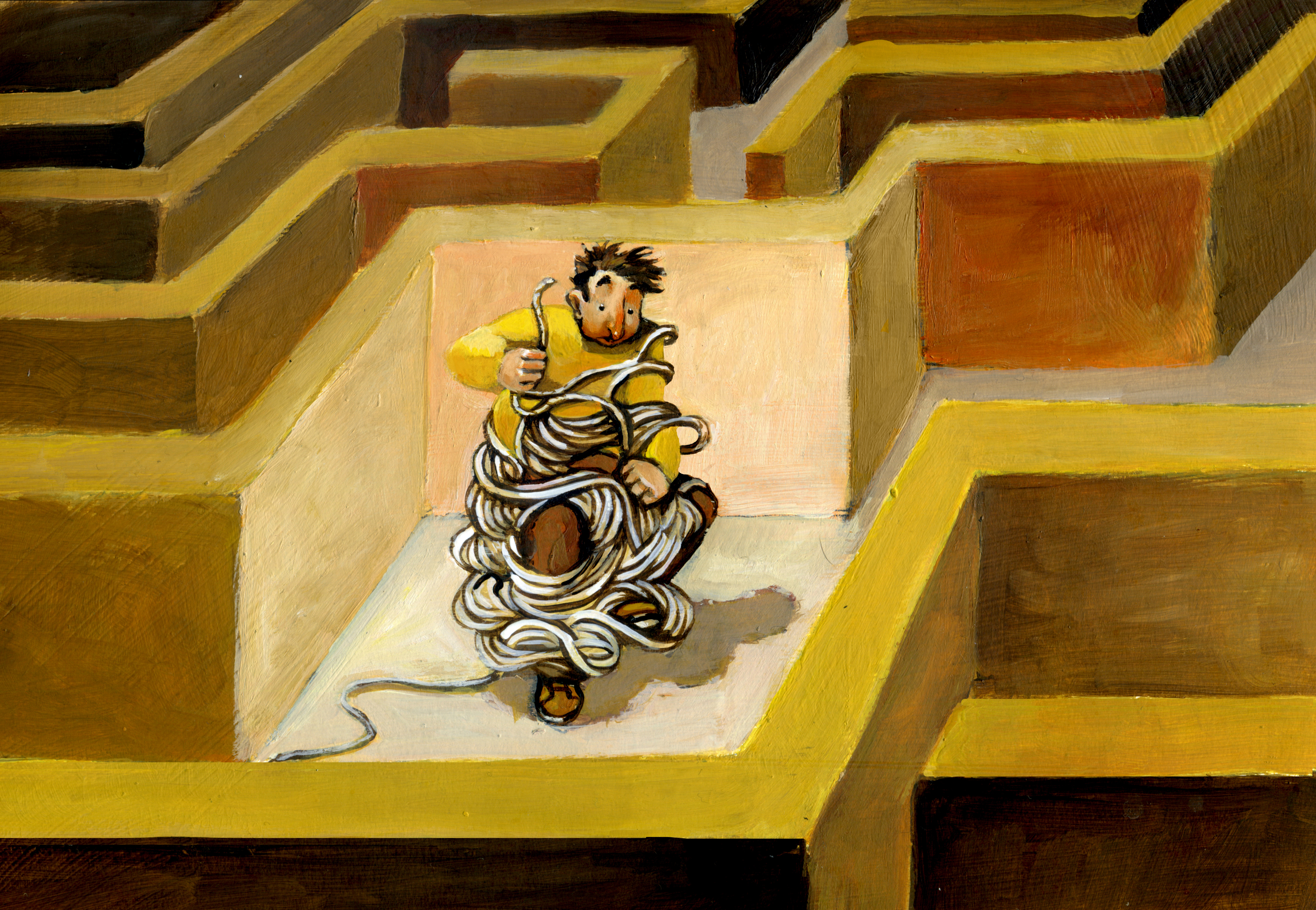 A man tangled in wires inside a maze